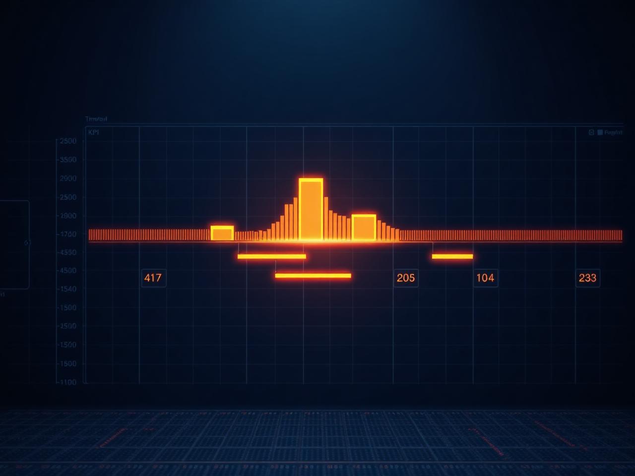 Abstrakte Visualisierung von Projektkennzahlen, Zeitachsen und Steuerungsdaten in dunklem Navy mit orangefarbenen Akzenten