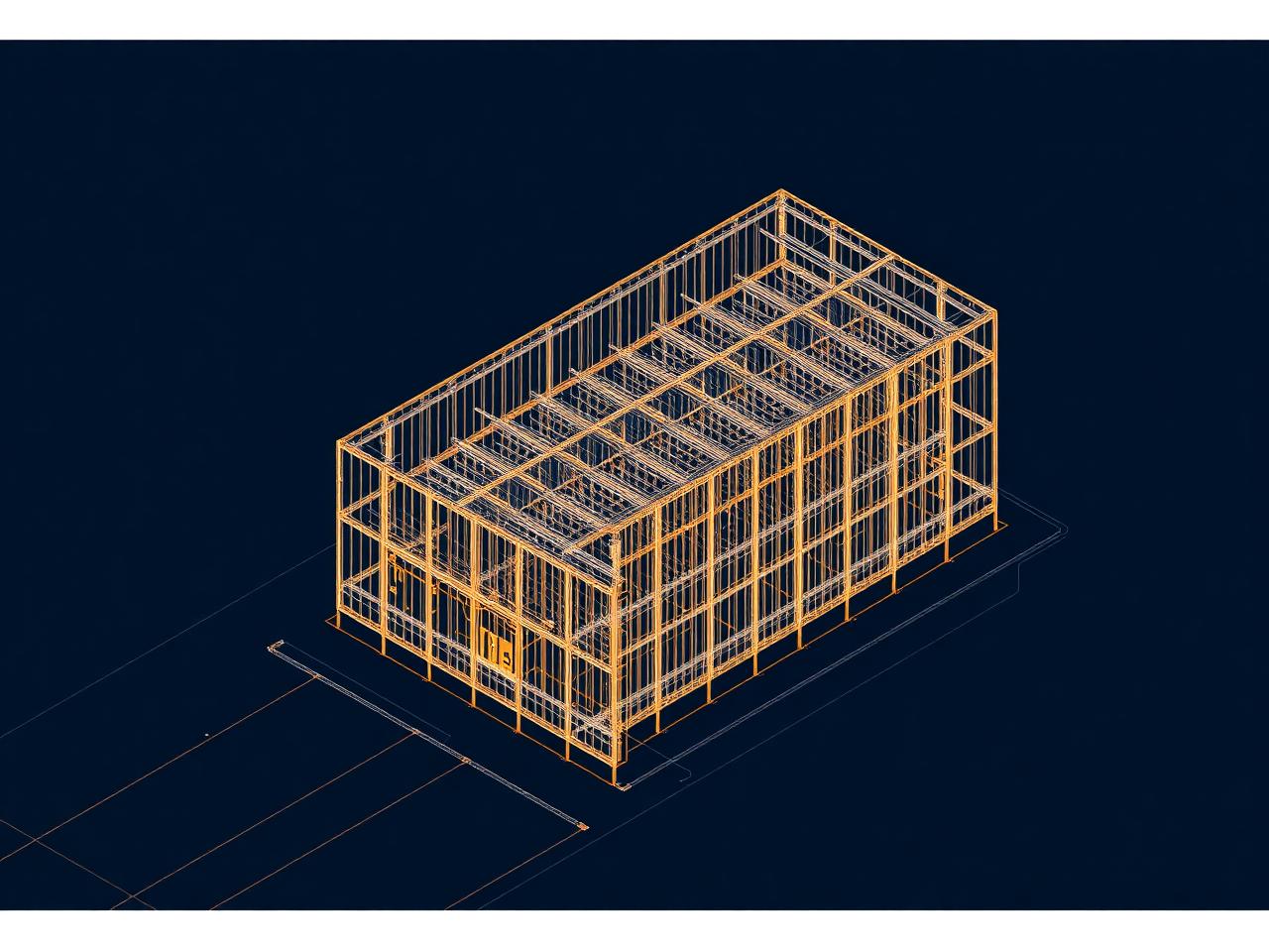 Isometrisches BIM-Wireframe eines Gebäudes als Sinnbild digitaler Bauprozesse und Mengenermittlung